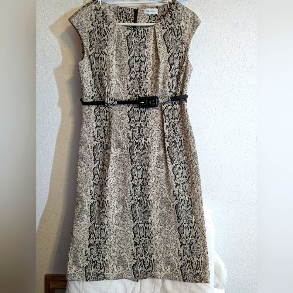 Calvin Klein Snake Print Sleeveless Midi Belted Dress Size 8